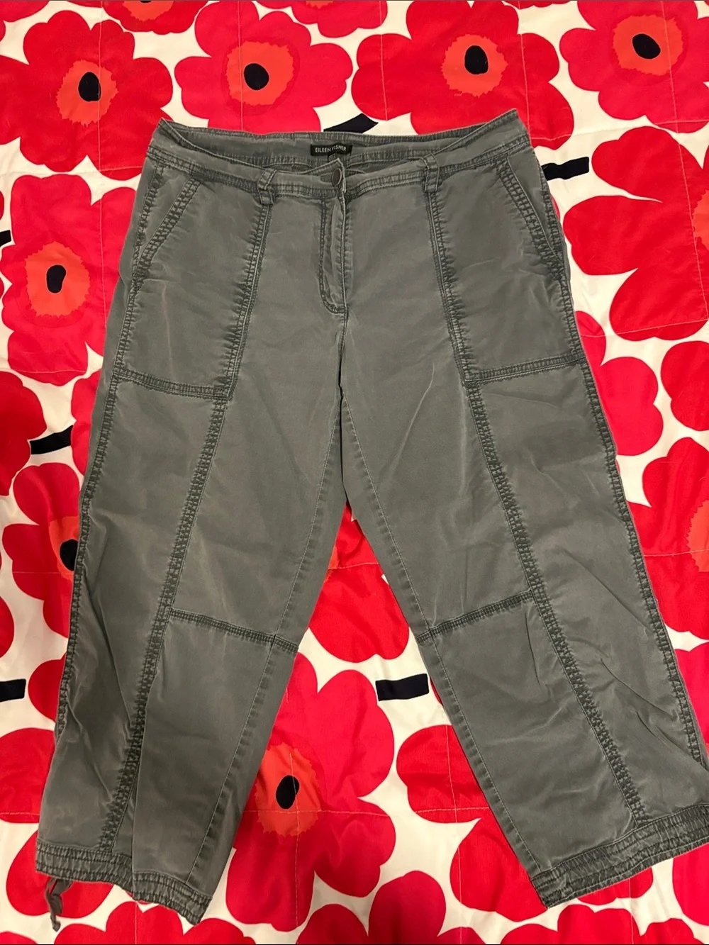 Eileen Fisher Olive Gray Patch-Stitch Crop Pants